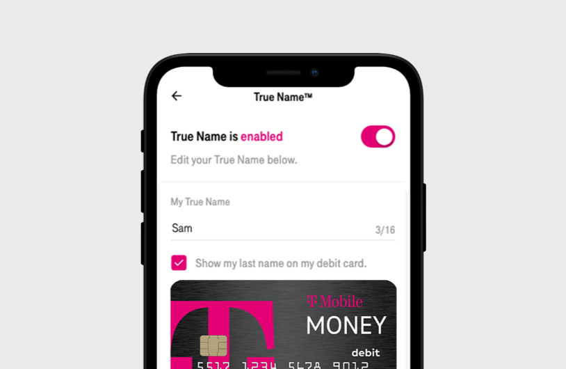 Phone with T-Mobile MONEY app open. Debit card is featured in the apps wallet.