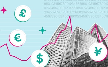 Infpgraphic showing city office buildings, exchange rate graphs and different types of currency.