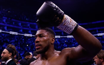 Antonhy Joshua celebrates after winning his fight against Robert Helenius