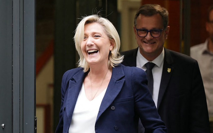 Marine Le Pen at the National Rally's headquarters in Paris today