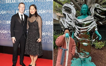 Priscilla Chan, the better half of Mark Zuckerberg, seems to be delighted with the statue, gamely posing beside it in her dressing gown