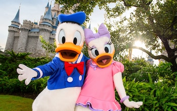 Donald and Daisy Duck standing outside Cinderella Castle