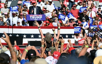 Donald Trump speaks during a campaign rally at the Historic Greenbrier Farms in Chesapeake, Virginia