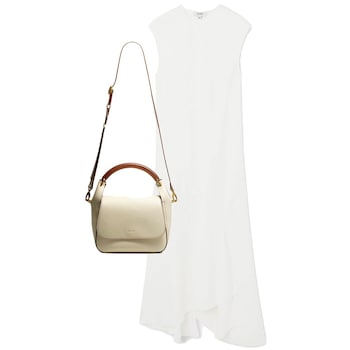 Leather bag, £450, ME+EM; Asymmetric dress, £135, Cos