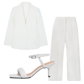 Hourglass blazer, £246, Frankie Shop; Straight leg trousers, £60, Because of Alice; Leather shoes, £155, Jigsaw