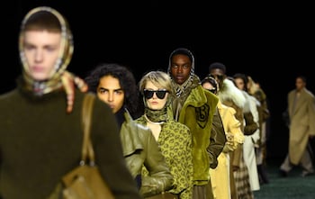 Models walk the runway at the Burberry show during London Fashion Week February 2024 