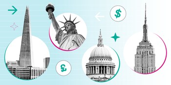 Infographic showing key British landmarks St Pauls Cathedral and the Shard and showing US landmarks statue of liberty and empire state building