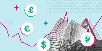 Infpgraphic showing city office buildings, exchange rate graphs and different types of currency.