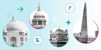 Infographic showing popular landmarks in the United Kingdom, St Pauls and the Shard and showing popular landmarks in India such as the Taj Mahal