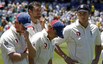 England captain Andrew Flintoff, Paul Collingwood, Steve Harmison and Ian Bell look dejected while waiting for the presentation after the fourth day of the fifth Test match at the SCG in Sydney