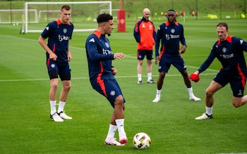 Jadon Sancho in Manchester United training as Erik ten Hag watches on