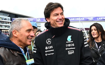 Mercedes GP Executive Director Toto Wolff looks on at the podium celebrations during the Round 8 Silverstone Sprint race of the Formula 2 Championship at Silverstone Circuit on July 06, 2024 in Northampton, England