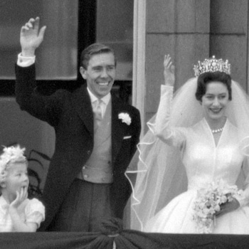 Princess Margaret and Lord Snowdon waving to the crowds on the balcony of Buckingham Palace after their wedding ceremony at Westminster Abbey