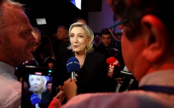 Marine Le Pen, French far-right leader and far-right Rassemblement National (National Rally - RN) party candidate, speaks to journalists after partial results in the first round of the early French parliamentary elections in Henin-Beaumont, France, June 30, 2024