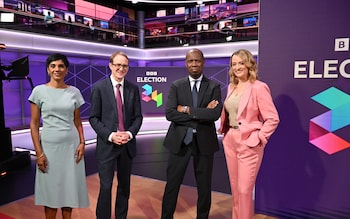 From left to right: Reeta Chakrabarti, BBC political editor Chris Mason, Clive Myrie, and Laura Kuenssberg