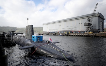 The Vanguard-class nuclear submarine HMS Vengeance at Clyde, Faslane