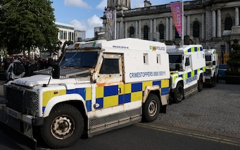 Police Service of Northern Ireland (PSNI) armoured vehicles are seen during an anti-racism and anti-immigration protest in Belfast,