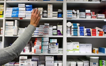 Drugs on shelves in a pharmacy