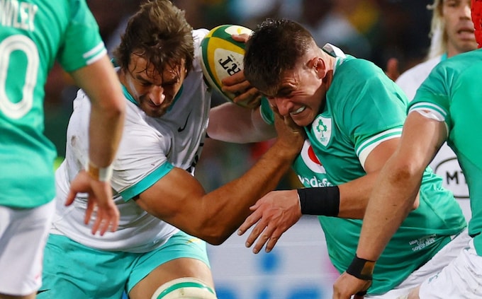 South Africa's Eben Etzebeth and Ireland's Dan Sheehan collide