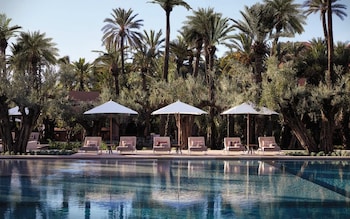 pool lined with pink loungers under palm trees