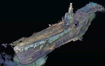 A graphic of a submarine lost under sea for 80 years