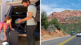 Family packing vehicle, summer travel landscape