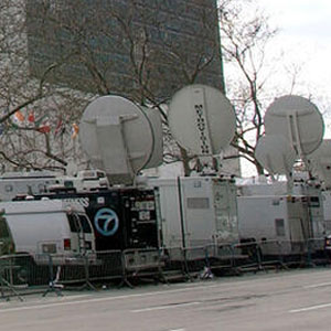 A view of the United Nations campus and media satellite dishes outside Headquarters. UN Photo/Eskinder Debebe