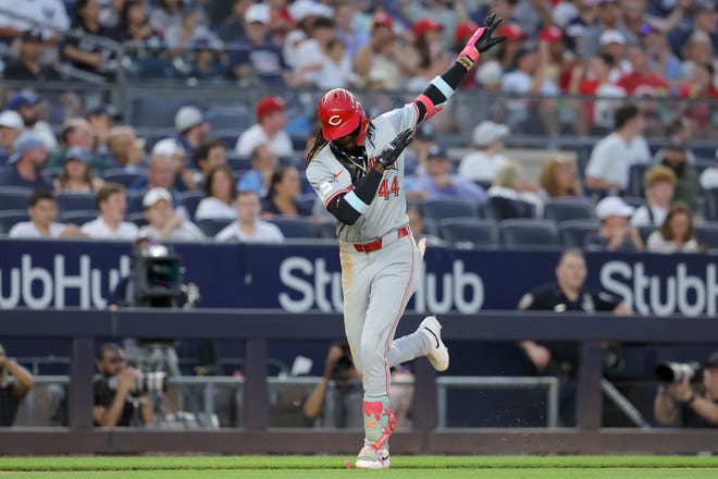July 2: Cincinnati Reds shortstop Elly De La Cruz celebrates as he rounds the bases after hitting a two-run home run against the New York Yankees.