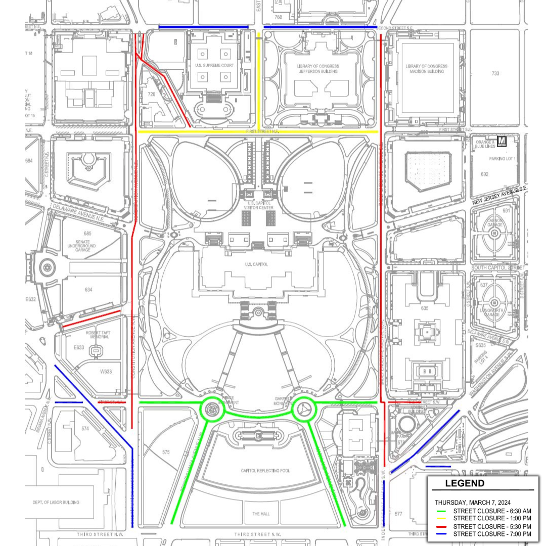 Map of the road closures for the State of the Union