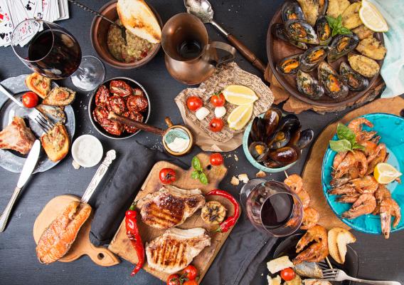 Seafood dinner spread