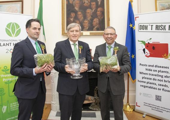 Irish Embassy Agriculture Counsellor Finbar Brown, Irish Ambassador to the United States Daniel Mulhall, and USDA Deputy Administrator Osama El-Lissy celebrate the arrival of Ireland’s iconic shamrock plants