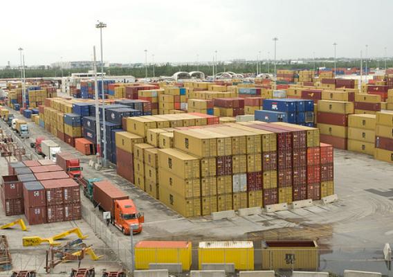 Containers loaded with agricultural cargo for export at a port in Miami, Florida