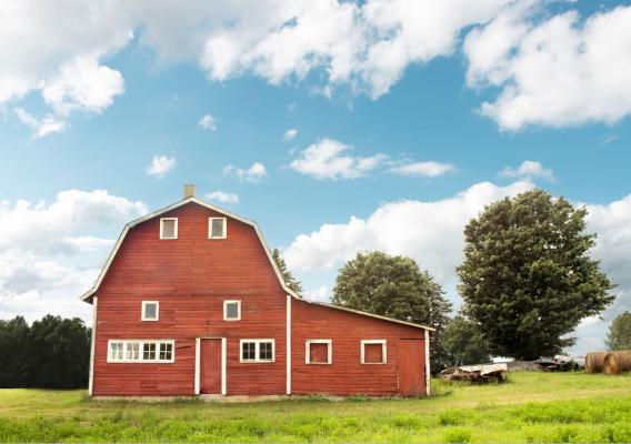 A barn with green grass and blue skies