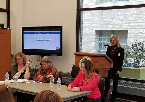 Elizabeth Dann, USDA Office of the Chief Scientist Strategic Planning Officer, moderating a panel