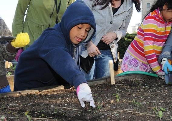 Young people from the non-profit Jubilee Housing organization’s after school youth services program help U. S. Department of Agriculture (USDA) employee’s plant vegetables and herbs in the People’s Garden on Friday, Apr. 9, 2010. The Jubilee Youth Services offers a safe place for learning and fellowship for young people through a supervised after-school program. The after-school program provides academic support, enrichment activities, healthy life skills, teen leadership development and community service o