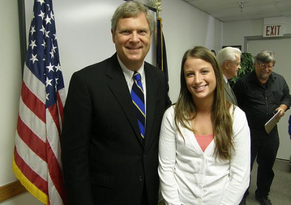 Secretary Vilsack meets USDA Intern and Drake student Jessie Scott during a recent visit to Iowa.  