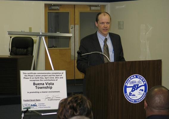 Senior Advisor to the Secretary of Agriculture Doug O’Brien speaks at the Earth Day event in Buena Vista Township, Michigan.