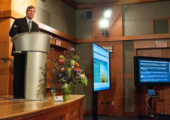 Secretary Vilsack in Washington addressing the G-8 Open Data meeting.  Secretary Vilsack today kicked off a two-day international open data conference, saying that data “is one of the most important commodities in agriculture” and sharing it openly increases its value. USDA photo by Bob Nichols