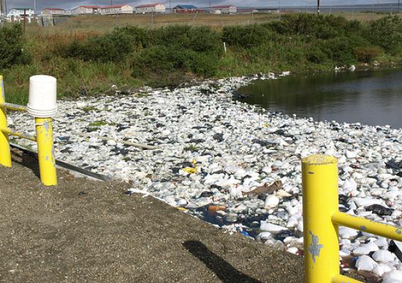 This sewage lagoon containing untreated waste,  and waste (honey) buckets convey the dire need for upgrade, along with alleviating the need to haul in drinking water.  Wind blown trash and plastic masses at the edge of the open lagoon. Photos courtesy of Larry Yerich and Tasha Deardorff, USDA 