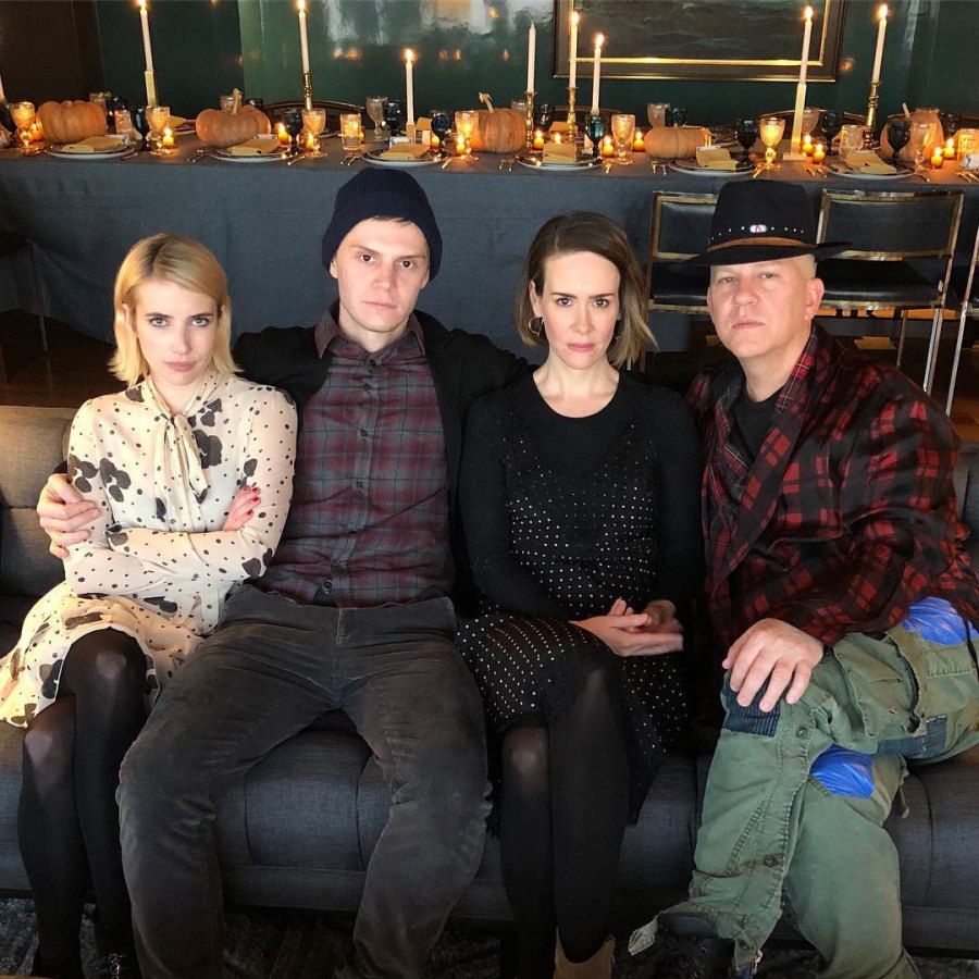 Emma Roberts with AHS cast Evan Peters, Sarah Paulson, Ryan Murphy Celebrity Friendsgivings Thanksgiving