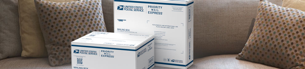 Two Priority Mail Express® boxes sitting on a couch.