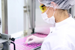 Close up of a scientist wearing a face mask, hair net, and goggles while running an experiment in a laboratory