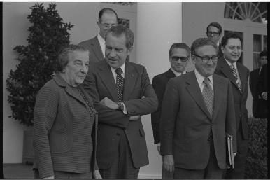 Israeli Prime Minister Golda Meir meets with U.S. President Richard Nixon and Secretary of State Henry Kissinger at the White House in 1973. Source: Library of Congress