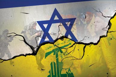 Israeli flag, Hezbollah flag, implied Lebanon border