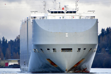 The car carrier Hyperion Ray (IMO 9690559) was struck near Fujairah, UAE, in April 2021. The ship was owned by Israel-based Ray Shipping Ltd when it was attacked. Photo credit: Rick Voice via MarineTraffic.com.