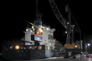 The container ship Jin Shun He (IMO 9144316) docked at the port of NEOM in Oxagon. Photo credit: Photo credit: @NEOMOxagon, posted on X (formerly Twitter), April 15, 2024, https://x.com/NEOMOxagon/status/1779799779230302424. .