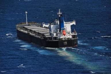 Marshall Islands–flagged bulk carrier Laax (IMO 9512355), which was attacked in the southern Red Sea on May 28, 2024. photo obtained via the X/Twitter account of French forces stationed in the UAE and deployed in the Indian Ocean, https://x.com/FFEAU_ALINDIEN/status/1795837694960189920. 