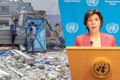 UNRWA workers at Nuseirat camp, Gaza, after Israeli strike (left); French diplomat Catherine Colonna (right)