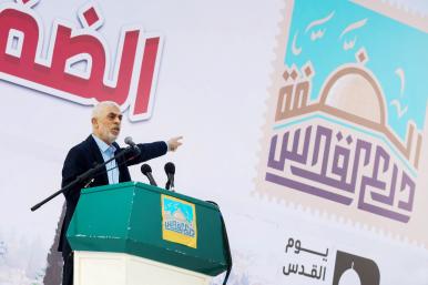 Hamas commander Yahya al-Sinwar speaks at a 2023 event in Gaza.