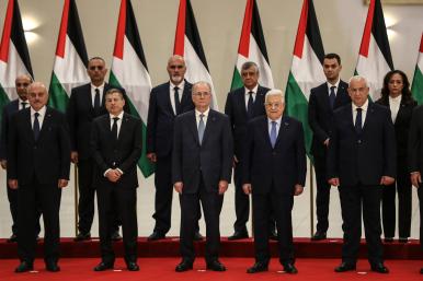 Swearing-in ceremony for PA cabinet, March 31, 2024. Mahmoud Abbas is third from right; the new PM, Muhammad Mustafa, is to his left.